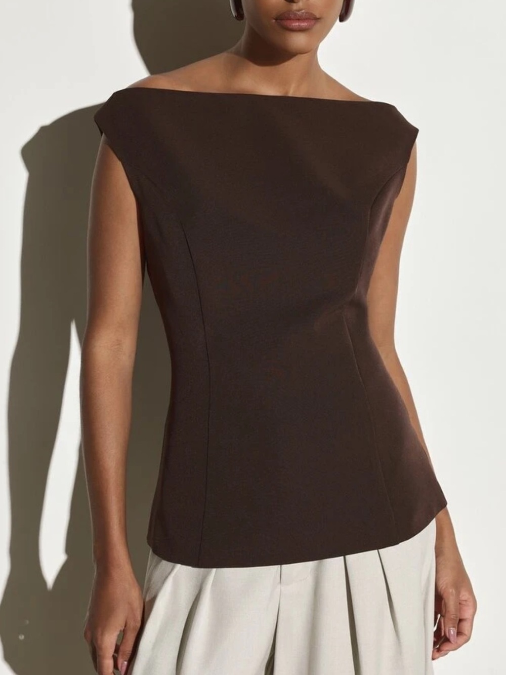 Thick fully lined boat neck Off Shoulder Brown Top structured tailored top
